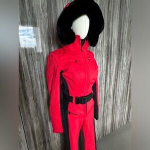 Goldbergh Hot red and Black Ski Suit with Fur Hood